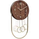 Driini Decorative Wall Clock with Pendulum (Walnut) – Modern Wood, 3D Gold Numbers, Metal Frame – Small, Unique Wall Clocks for Living Room Decor or Bathroom - Battery Operated, Silent, Non-Ticking