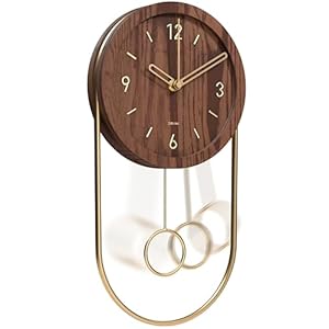 Driini Decorative Wall Clock with Pendulum (Walnut) – Modern Wood, 3D Gold Numbers, Metal Frame – Small, Unique Wall Clocks for Living Room Decor or Bathroom – Battery Operated, Silent, Non-Ticking
