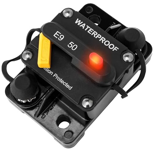 MARINE SYSTEM Circuit Breaker with Manual Reset Switch and Pilot Lamp for Boat Trolling Motor, ATV Trailer Vehicles Strereo Audio,Electronic Battery Solar System,12V-48V DC (Surface Mount-50A)