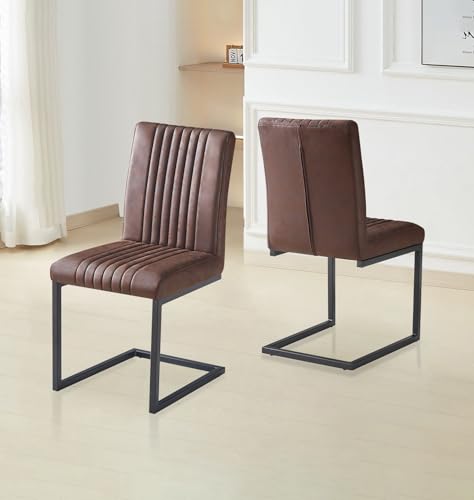 Hallowood Furniture Cullompton Set of 2 Brown Faux Leather Dining Chairs with Black Legs, Stylish and Modern Brown Cantilever Chair Perfect for Home, Office, or Cafe Dining
