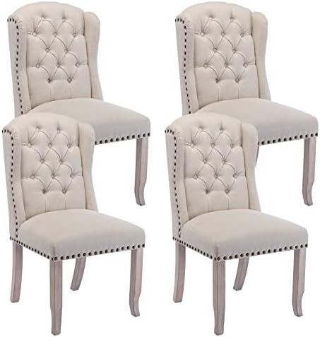DUOMAY Modern Tufted Dining Chairs Set of 4, Linen Upholstered Dining Room Chairs Armless Guest Side Chair for Kitchen Dining Room, Wingback Accent Chairs with Solid Wood, Beige