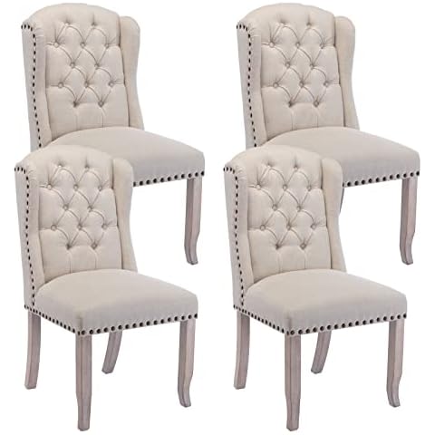DUOMAY Modern Tufted Dining Chairs Set of 4, Linen Upholstered Dining Room Chairs Armless Guest Side Chair for Kitchen Dining Room, Wingback Accent Chairs with Solid Wood, Beige Cover