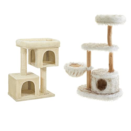 Feandrea Cat Tree With 2 Caves And Modern Cat Tree Bundle, 33.1-Inch Cat Tower And 48.4-Inch Luxury Cat Condo With Scratching Post, Beige And White Upct61M And Upct144W01 #TOP10