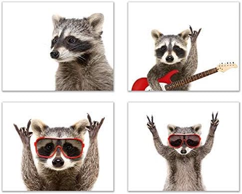 Rocker Raccoon Poster Prints - Set of 4 (8x10) Cute Funny Guitar Music Animal Wall Art Decor
