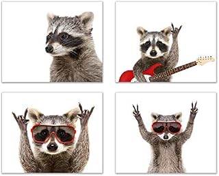 Rocker Raccoon Poster Prints - Set of 4 (8x10) Cute Funny Guitar Music