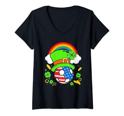 Mujer Soccer St Patricks Day USA Flag Rainbow Shamrock Clover Camiseta Cuello V