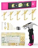 Stalishare Picture Hanging Kit, Magnetic Hammer and Nails and Level Set for Hanging Photo/ Arts, Women Pink Tool 218Pcs Assorted Wall Frame Hanging Kit with Hooks/ Wire/ D Ring/ Sawtooth Hanger 100lbs