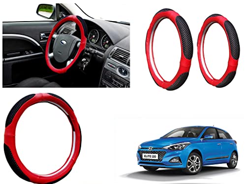 Image of Microfiber Car Steering Wheel Cover, Soft Padding Great Hand Feel, Anti-Slip, Faux Leather Steering Cover for Hyundai i20 Elite 2018 | Black Red Jali - Pack of 1