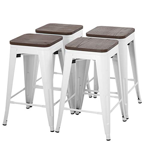 FDW Metal Bar Stools Counter Height Barstool Stackable Barstools Indoor Outdoor Patio Bar Stool Home Kitchen Dining Stool Backless Bar Chair (White with Wood, 24") by FDW - Used condition - US$129.27