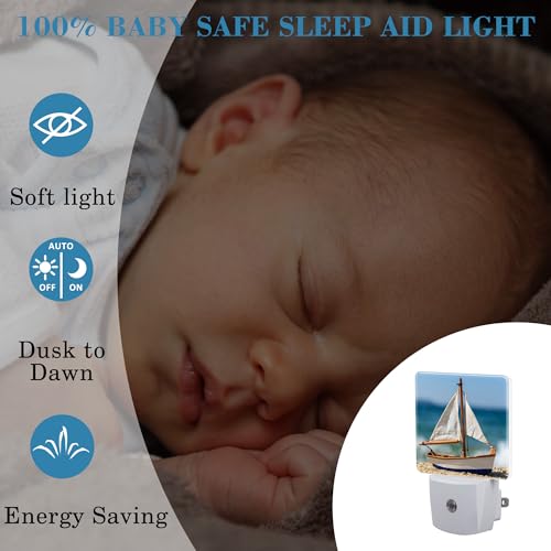 Image of Night Light for Kids Girls Boys, Tropical Sandy Beach and Sailboat LED Night Light Plug into Wall with Dusk to Dawn Sensor for Room Decor, Hallway, Kitchen, Bathroom, Nursery, Stairs