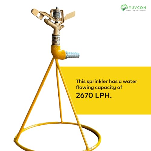 Image of YUVCON Sprinkler with Stand, 360 Degree Rotating Brass Sprinkler with 3 /4 inch Nipple for Pipe Attachment, Iron Metal Circular Base Stand, High Impact Water Sprinkler for Gardening & Agriculture