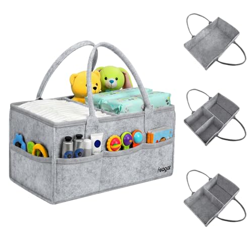 Image of Feagar Baby Diaper Caddy Organizer, 15 Inch Large with 8 Pockets & 2 Dividers, Portable Nursery Storage Basket & Car Organizer for Changing Table, Travel (Grey)