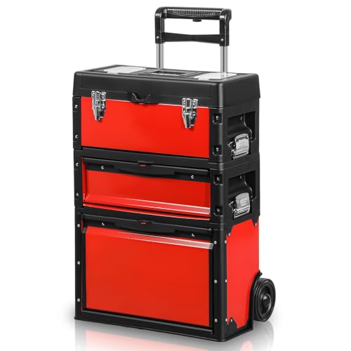 Image of Auto Dynasty Stackable Tool Box 3-Tier Tool Separate Organizer Rolling Tool Chest with Wheels 3-in-1 Upright Trolley for Garage or Workshop, Red