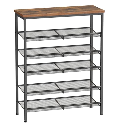 HOOBRO Zapatero, Estantería Zapatero de 6 Niveles, Repisas de Malla Metálica Ajustables, Capacidad para 20-24 Pares, Resistente, Estante Superior Espacioso, Metálico, Marrón Rústico y Negro EBF60XJ01