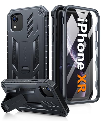 FNTCASE for iPhone XR Case, with Built-in Screen Protector, Kickstand Black