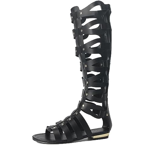 Minishion Womens Gladiator Sandals Flat Knee High Summer Dress Boots with Zip TM001 Black US 7 Cover