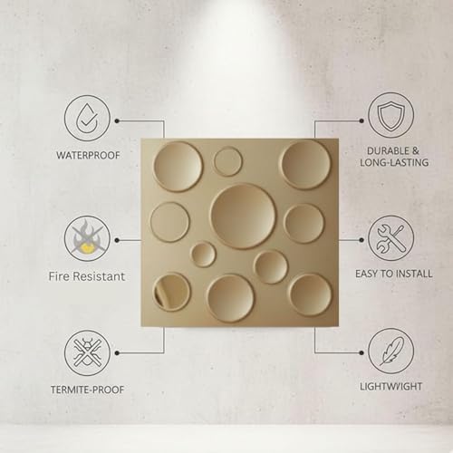 Image of Kayra Decor 3D PVC Wall Panels - Circle Embossed Design, Gold Color, 19.7 inch x 19.7 inch (Pack of 18) | Covers 42.28 Sq. Ft. |