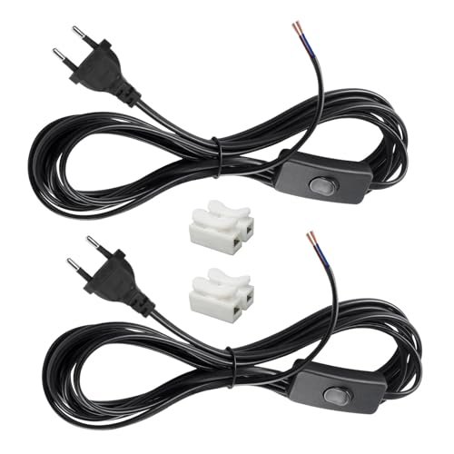 TXErfolg 2 Piezas Cables de alimentación con Interruptor 3M Cable de Conexión con Euro Enchufe, 2 x 0,75 mm², Cables con Interruptor para lámparas, lámparas de Mesa, lámparas de pie(Negro)