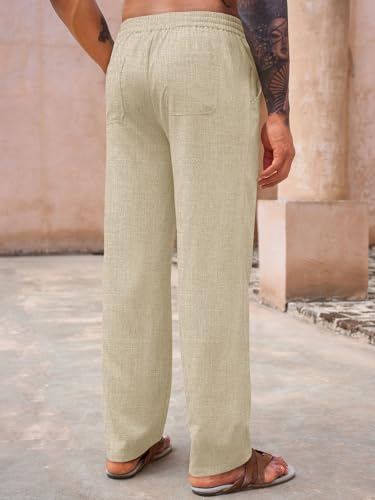 Runcati Mens Casual Pants Drawstring Elastic Waist Lightweight Linen Pants Loose Fit Straight Legs Beach Trousers3