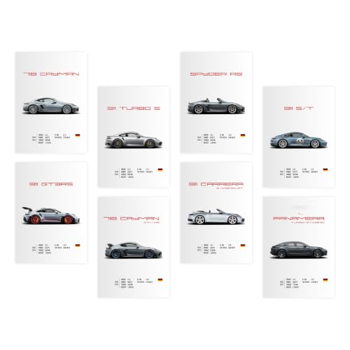 CodersParadise - Set of 8 Porsche Supercar Posters Wall Art – Vintage Racing Car Prints, Classic Porsche 911 Sports Car Canvas Art for Men, Boys, Bedroom, Dorm, Office, Man Cave Aesthetic Decor (Unframed, 8x12 inch)
