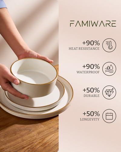 Image of Famiware Nebula Plates and Bowls Sets, 18 Pieces Stoneware Dinnerware Sets, Reactive Glaze Dish Set, Dishes Set for 6, Matte Beige White with Brown Rim