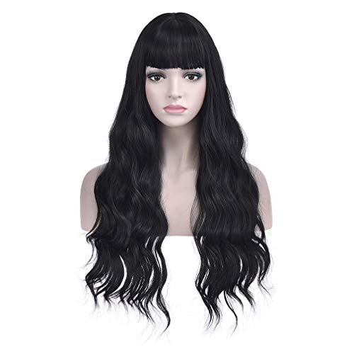 BERON Black Wavy Wigs Women Long Wig with Bangs 28 Inches Curly Synthetic Wigs for Cosplay Party Wigs Wig Cap Included