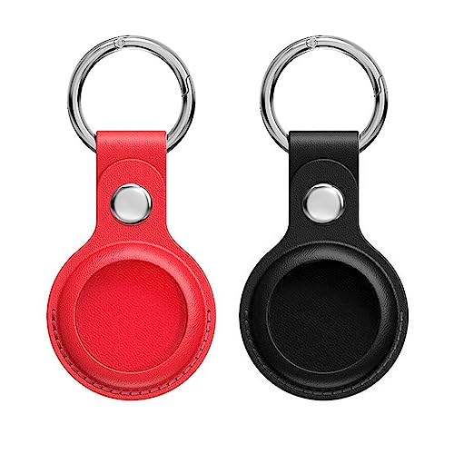 HETECH AirTag Keychain for Apple Airtags Holder, 2 Pack Protective Leather Airtags Case Tracker Cover with Air Tag Holder Airtag Key Ring Compatible with Apple AirTag Dog Collar Black/Red