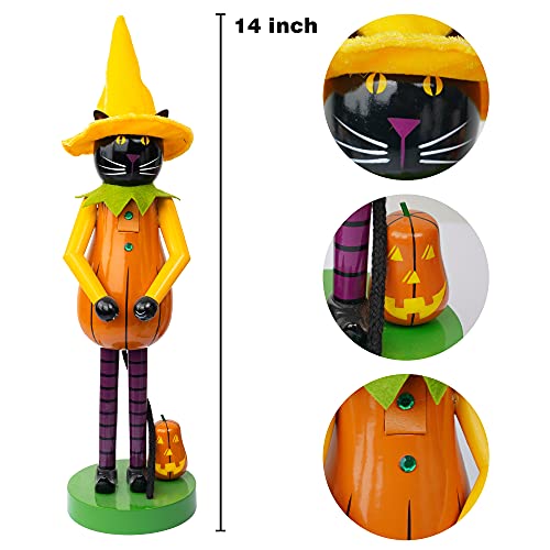 FUNPENY 14 Inch Halloween Thanksgiving Christmas Decorations for Home, Wooden Nutcracker Figures Clearance for Indoor Tabletop Desktop Fireplace Decor (Pumpkin Cat) - Thumbnail 4