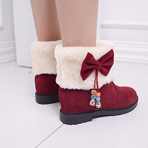 Winter Women Snow Boots Flat Bottom Round Toe Non Slip Plush Warm Comfortable Solid Color Bow Tall Snow Boots Women (Red, 7) #TOP4