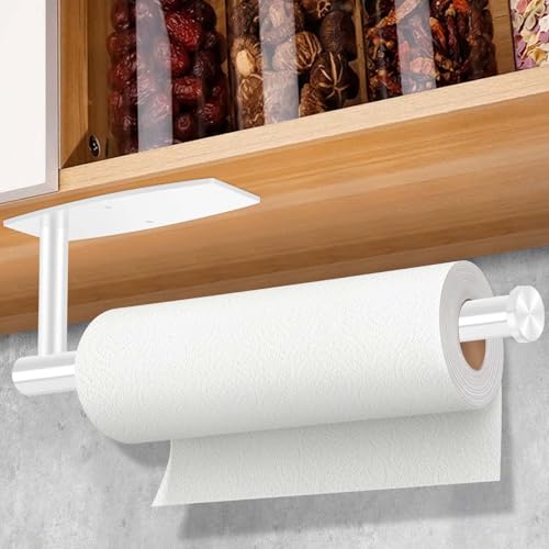 Fvviia White Paper Towel Roll Rack - Under Cabinet Stainless Steel Towel Holder - Self Adhesive or Drilled Mount - 200 lbs Max Weight
