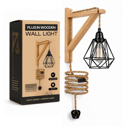 Image of DC VOLTAGE Industrial Wall Light Plug in with Switch - Dimmable Vintage Wall Lamp Black Metal Cage with Hemp Rope & Wood Arm - 4.5M Cord for Bedroom Living Room