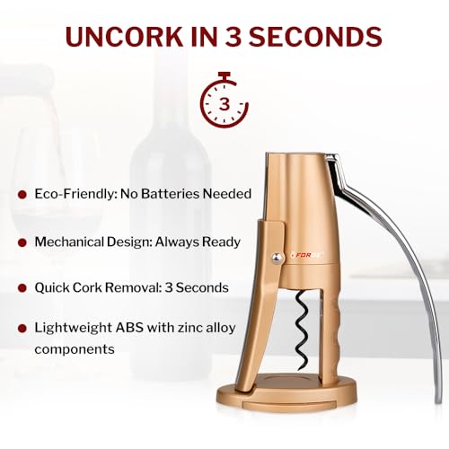 Forge Quality Compact Vertical Lever Corkscrew Wine Opener with Foil Cutter. 3 Seconds to Open a Bottle of Wine. Champagne Gold. - Thumbnail 4