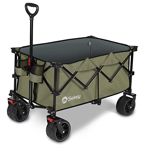 Sekey Collapsible Foldable Wagon With 220Lbs Weight Capacity, Heavy Duty Folding Utility Garden Cart With Big All-Terrain Beach Wheels & Drink Holders. Khaki #TOP7