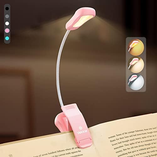 Vekkia Rechargeable Book Light for Reading in Bed, 3 Color x 3 Brightness, Lightweight Reading Light, Up to 70 Hours Lighting, Perfect for Readers, Travel (Pink)