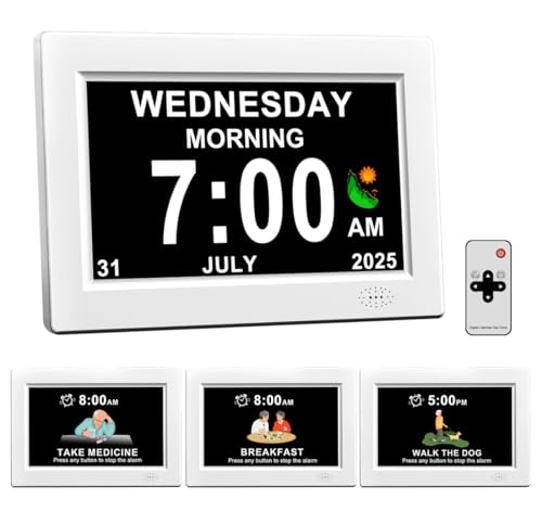 MYFMLI Digital Alarm Clock for Seniors - No-Abbreviation Date HD Display Auto Dimming Photo FrameWhite Noise DST Adjustment Ideal Gift for Elders (8in White)