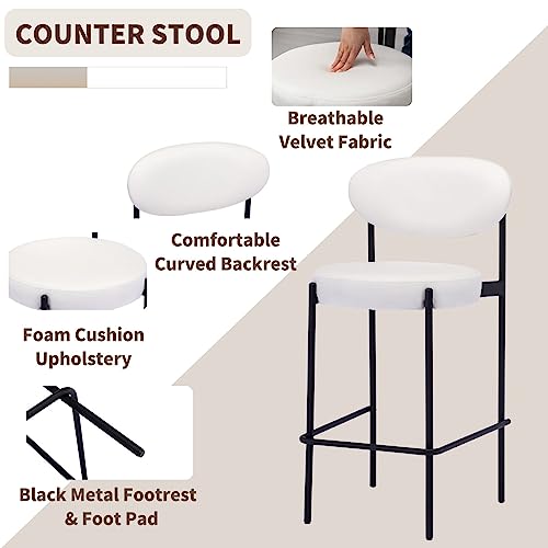 LIVINOVA Modern Kitchen Bar Stools with Open Back, 26 Inch Velvet Leather Upholstered Counter Height Bar Stools Set of 6, 17\" Wide Armless Clearance Counter Stools with Black Metal Legs, White