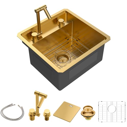 Image of Sarlai Undermount Bar Sink - 18 Inch Gold Undermount Kitchen Sink Workstation with Foldable Faucet 18x18 Inch Outdoor Bar Prep Single Bowl Gold Sinks 16 Gauge Stainless Steel BBQ Basin with Cover