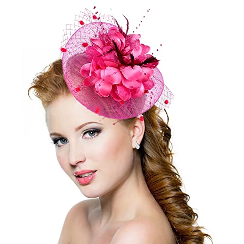 Chapeau Bibis Mariage Femme Coiffure Fascinator Épingle à Cheveux Nuptiale élégantes en Maille Bandeau pour Cocktail Derby Cérémonie Églises Photographe Fête Soirée Déguisement,Rose,Taille unique