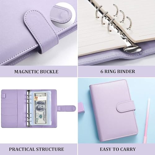 Image of Budget Binder Cash Envelopes for Budgeting Money Organizer for Cash Money Envelopes for Cash Leather A6 Budget Binder with Zipper envelopes (Purple)
