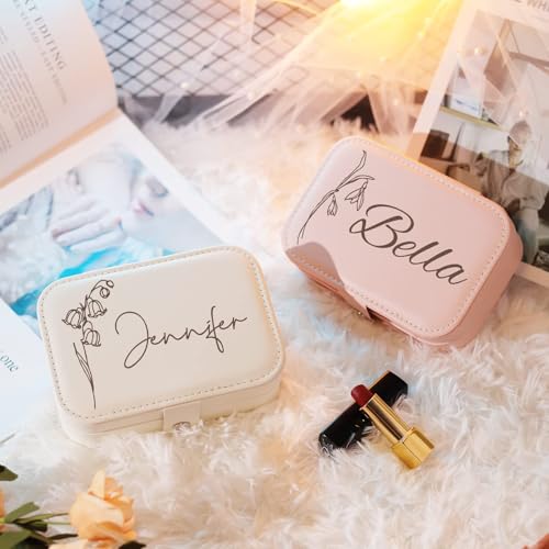 Corissy Personalized Jewelry Box for Women, Custom Travel Jewelry Case with Name and Birth Flower, Leather Jewelry Box for Rings, Earrings, Necklaces, Personalized Gifts for Women — view 5