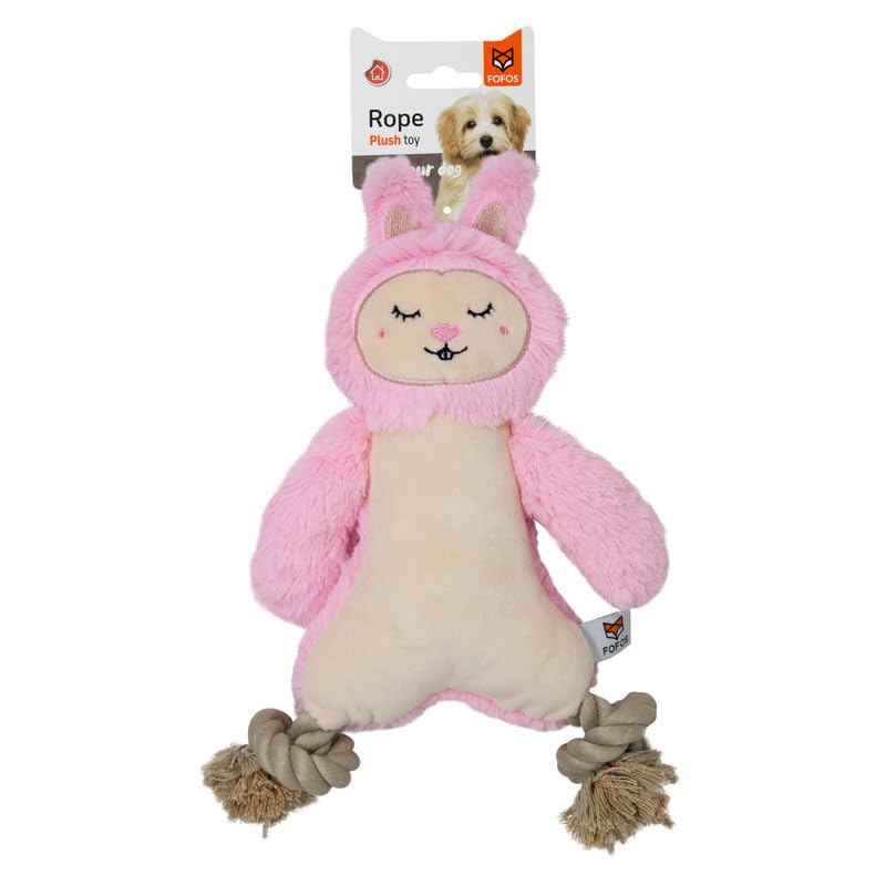 Image of BarkButler x Fofos Rope Leg Plush Rabbit - Soft & Squeaky Toys for Dogs with Rope, Dog Toys for Medium Dogs (5-20kgs) - Pink