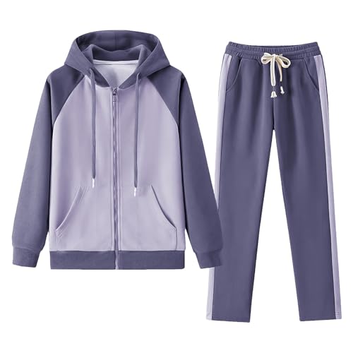 amropi Chándal de Mujer Chaqueta con Capucha y Jogging Pantalones 2 Piezas Conjunto de Deportivo Morado, XL