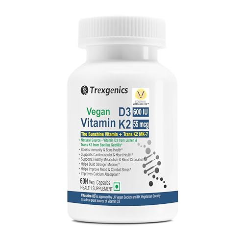 Image of Trexgenics VITAMIN D3 + K2 SYNERGY, 600 IU from Vitashin D3 Lichen + TRANS K2 as MK7 55 mcg Bone, Cardiovascular, Immunity (60 Veg Capsules)
