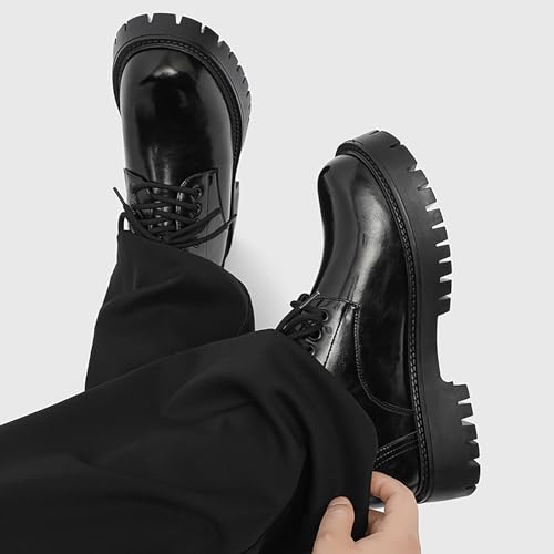 Men's Classic Leather Chunky Heel Platform Oxfords Round Toe Lace Up Soft Bottom Derby Shoes Heightening Business Dress Shoes3