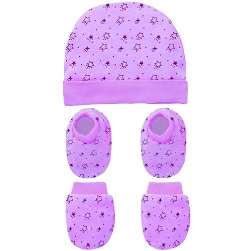Image of Kidbee Baby Girls & Baby Boys Cotton Booties Mittens and Caps Combo for New Born Babies (0-6 Months)