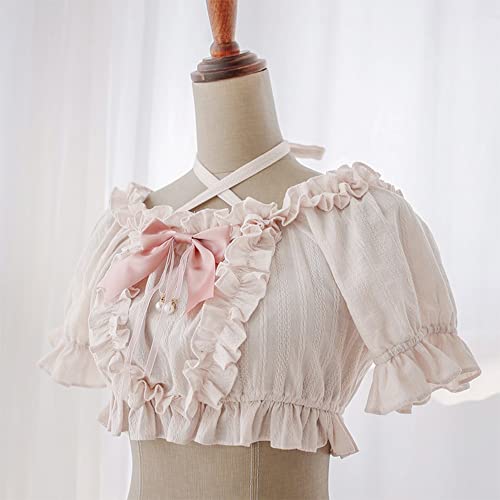 Sweet Lolita Puff Short Sleeve Blouse Teen Girls Japanese Gothic Ruffle Halter Neck Soft Crop Top with Bow4
