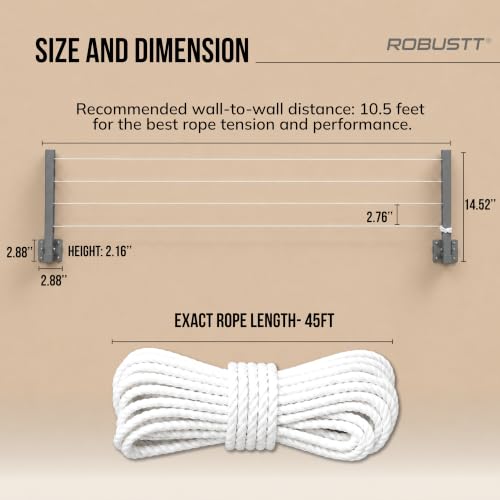 Image of Robustt Wall Mounted Clothes Drying Stand | 45 Ft Drying Space | Heavy-Duty Foldable Powder Coated Metal Arms Cloth Dryer Rack | Space Saving Laundry Hanger for Balcony, Bathroom, Terrace | Grey