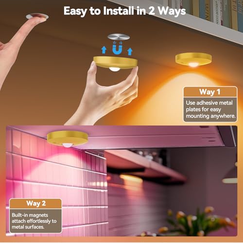 Rechargeable Puck Lights with Remote, 3 Pack Magnetic Under Cabinet Lighting, 1500mAh Battery Operated LED Tap Lights with Dimmer & Timmer for Kitchen, Closet, Shelf - 3 Color Temps & 12 RGB, Gold by Yiliaw - Used condition - Image 8