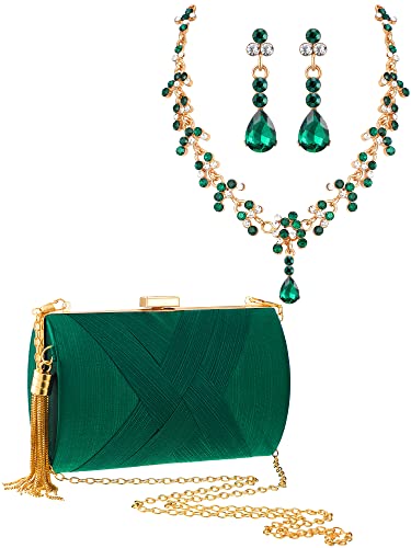 Henoyso 3 Pcs Clutch Purses for Women Rhinestone Jewelry Handbag Set Emerald Green Evening Purse Prom Tassels Purses Shoulder Bag for Wedding Vintage Banquet Earrings Necklace by Henoyso - Image 2
