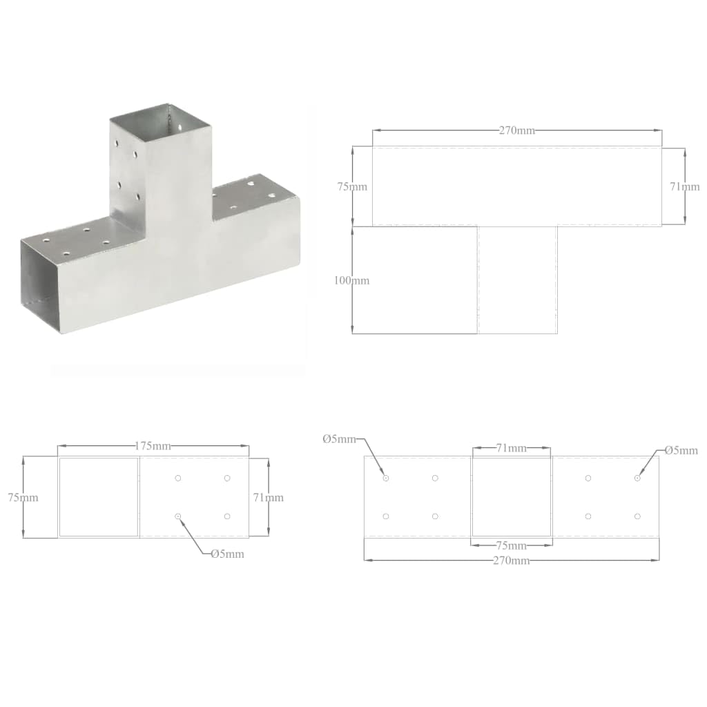 vidaXL 4X Conectores de Postes en Forma de T Jardín Patio al Aire Libre Estacas Exterior Valla Cerca Separador Metal Galvanizados 71x71mm